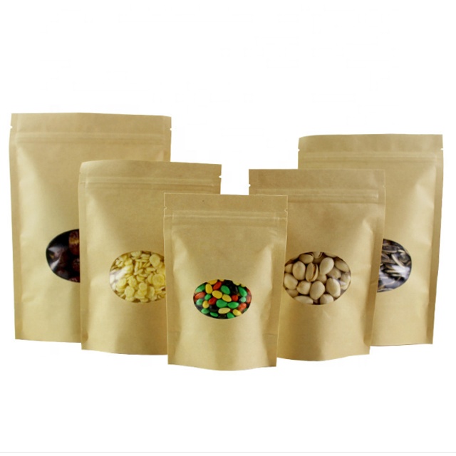 Round Window Brown Kraft Paper Bag,Nut Food Whole Grains Packaging Zipper Ziplock Sealed Stand Up Bags